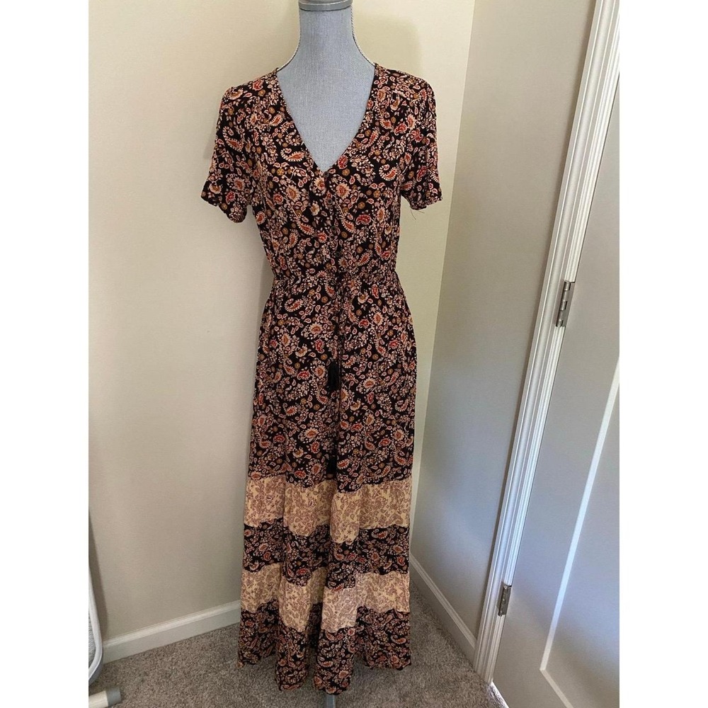 Kate & Sam Boho Floral Print Maxi Dress Tiered Patchwork Elastic Waist R1